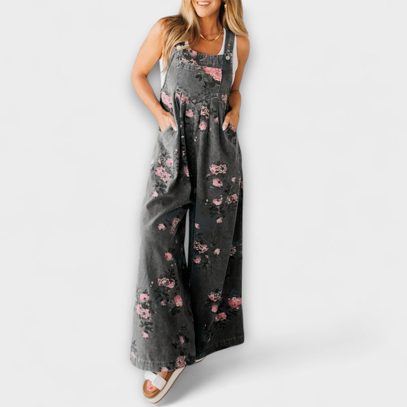 Bethany - Brede Denim Overalls met Bloemenpatroon