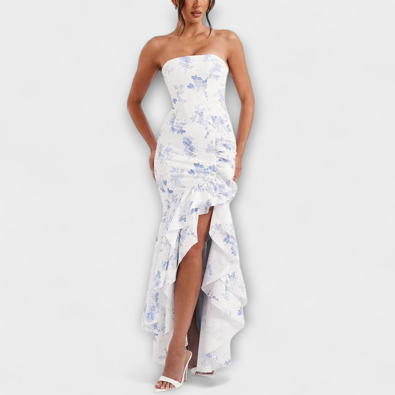 Zuri - Off-Shoulder Slim Fit Maxi Jurk met Asymmetrische Zoom