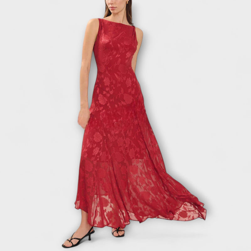 Opal - Elegante Rugloze Lace-Up Jacquard Maxi Jurk