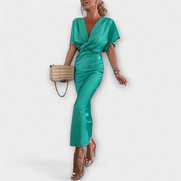 Sable - Effen Satijnen V-Hals Knoop Slim Fit Maxi Jurk