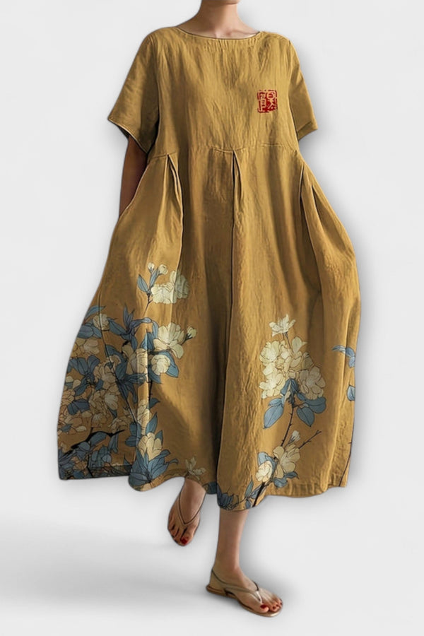 Seline - Gouden Bloemen Midi-jurk
