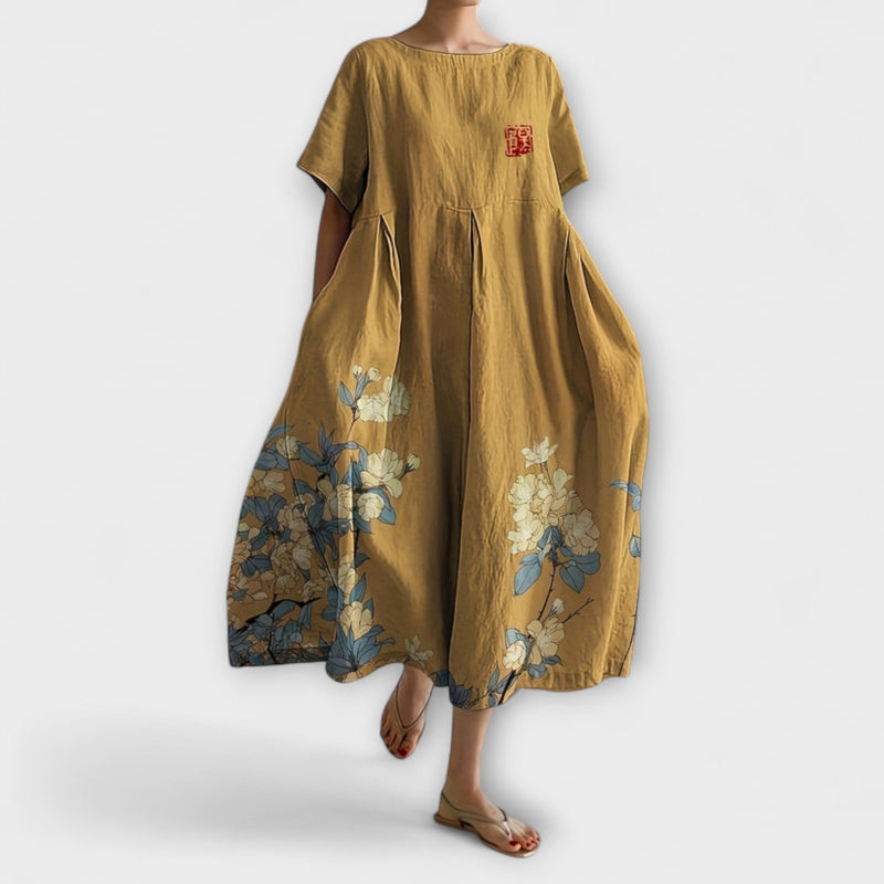 Seline - Gouden Bloemen Midi-jurk
