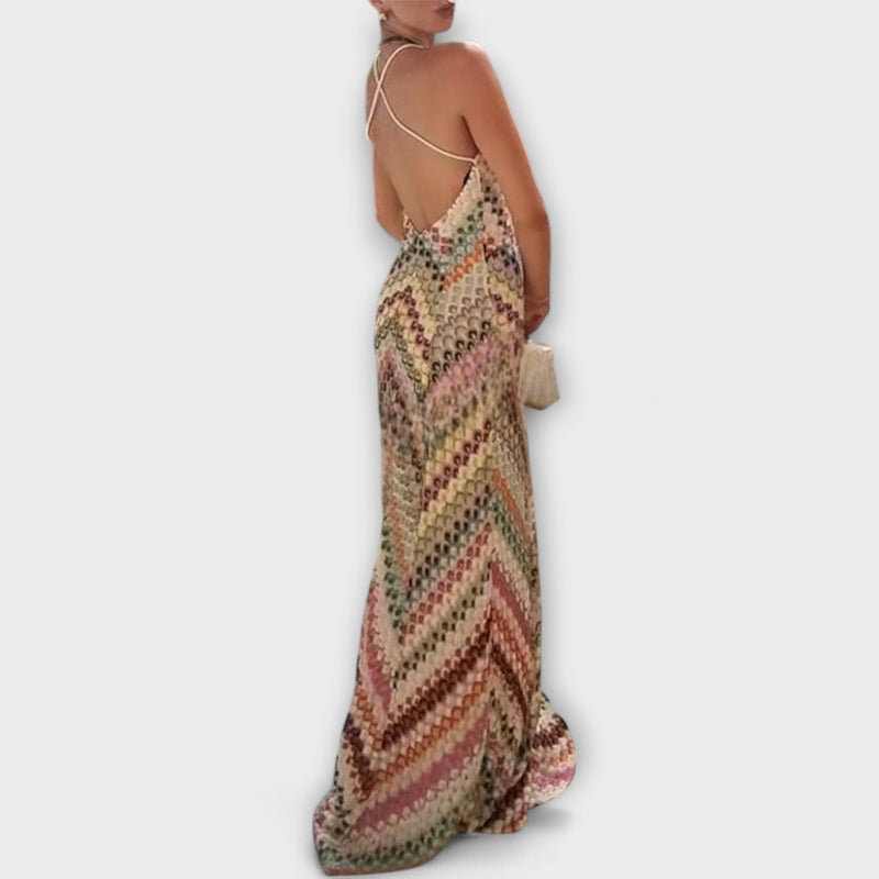 Remi - Missoni Kleurrijk Haringbone Patroon Maxi Jurk