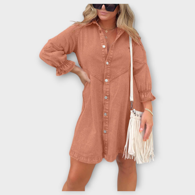 Galilea - Stijlvolle Denim Midi-jurk met Omgeslagen Kraag