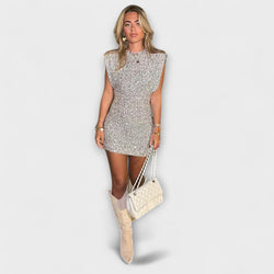 Halle - Slim Fit Mini Jurk met Pailletten O-Hals