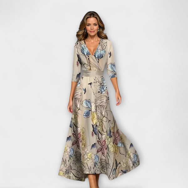 Emily - Bloemige Hoge Taille Midi Jurk met Driekwart Mouwen