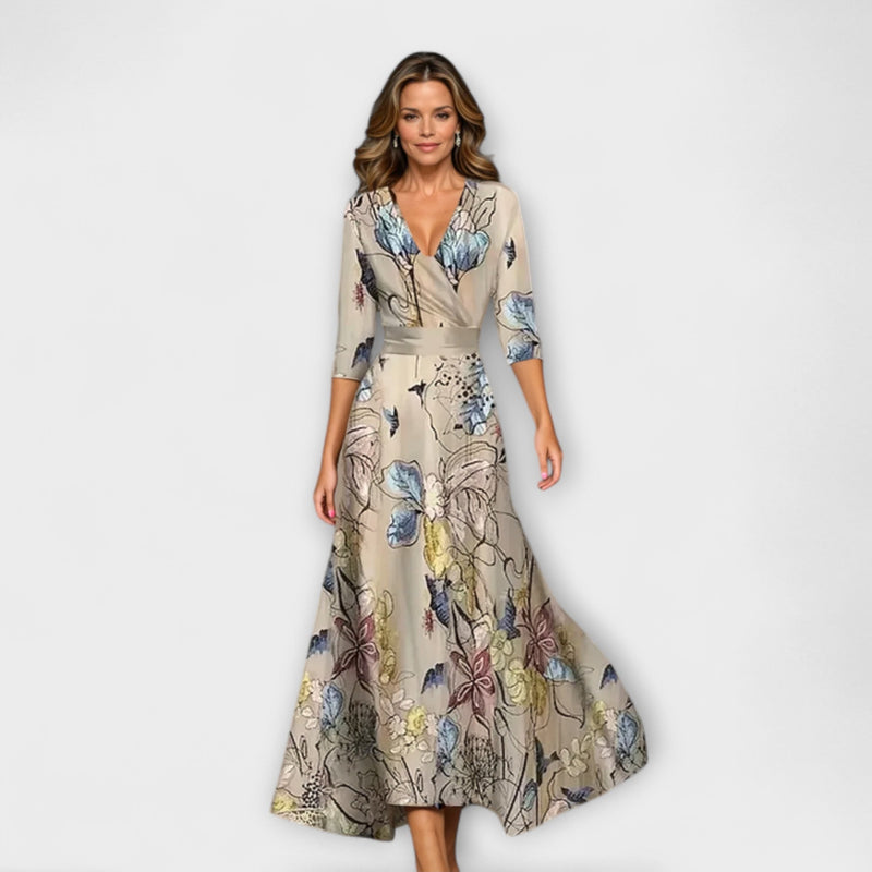 Emily - Bloemige Hoge Taille Midi Jurk met Driekwart Mouwen