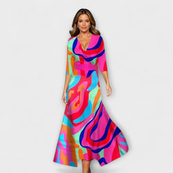 Emily - Bloemige Hoge Taille Midi Jurk met Driekwart Mouwen