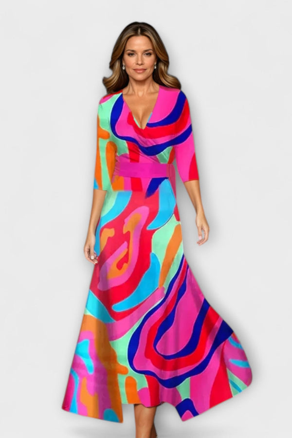 Emily - Bloemige Hoge Taille Midi Jurk met Driekwart Mouwen
