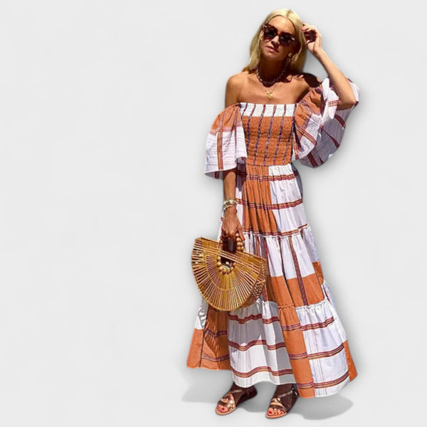Seraphina - Elegante Off-Shoulder Maxi Jurk met Exquise Mexicaanse Print