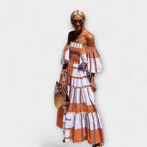 Seraphina - Elegante Off-Shoulder Maxi Jurk met Exquise Mexicaanse Print