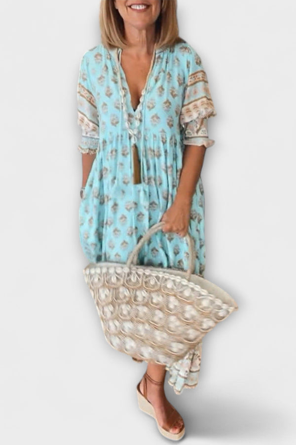 Jasmine - Boho Maxi Jurk met Ontspannen Lange Lantaarnmouwen