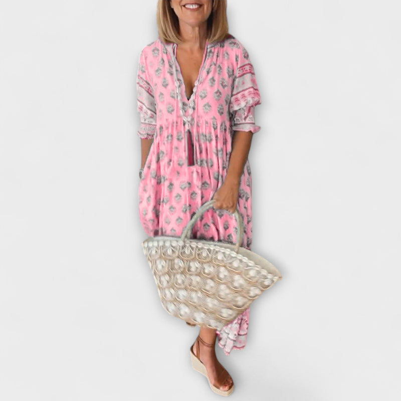 Jasmine - Boho Maxi Jurk met Ontspannen Lange Lantaarnmouwen