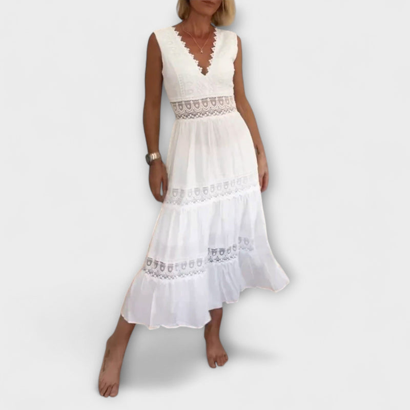 Ninfea - Mouwloze Midi-jurk in Boho-stijl met Kantdetails