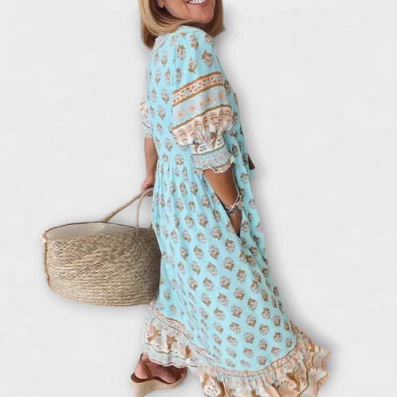 Jasmine - Boho Maxi Jurk met Ontspannen Lange Lantaarnmouwen