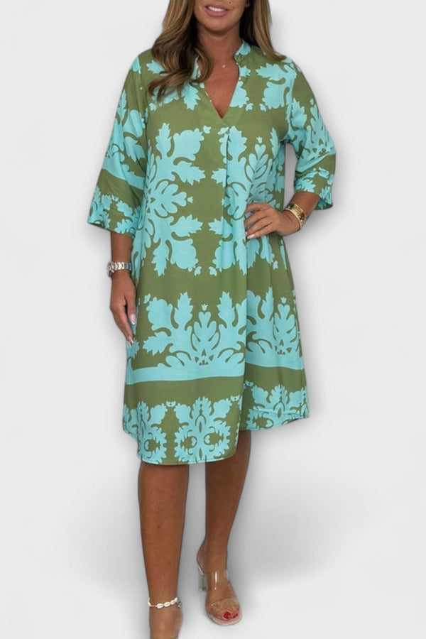 Kenzie - Bohemian Vintage Print V-hals Jurk met Korte Mouwen