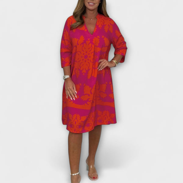 Kenzie - Bohemian Vintage Print V-hals Jurk met Korte Mouwen