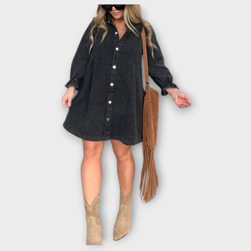 Galilea - Stijlvolle Denim Midi-jurk met Omgeslagen Kraag