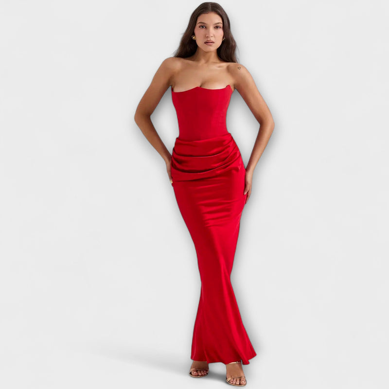 Off-the-Shoulder Satijnen Maxi Jurk met Drapering