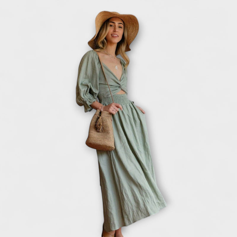 Aviana - Chic Omkeerbare Maxi Jurk met Puff Mouwen