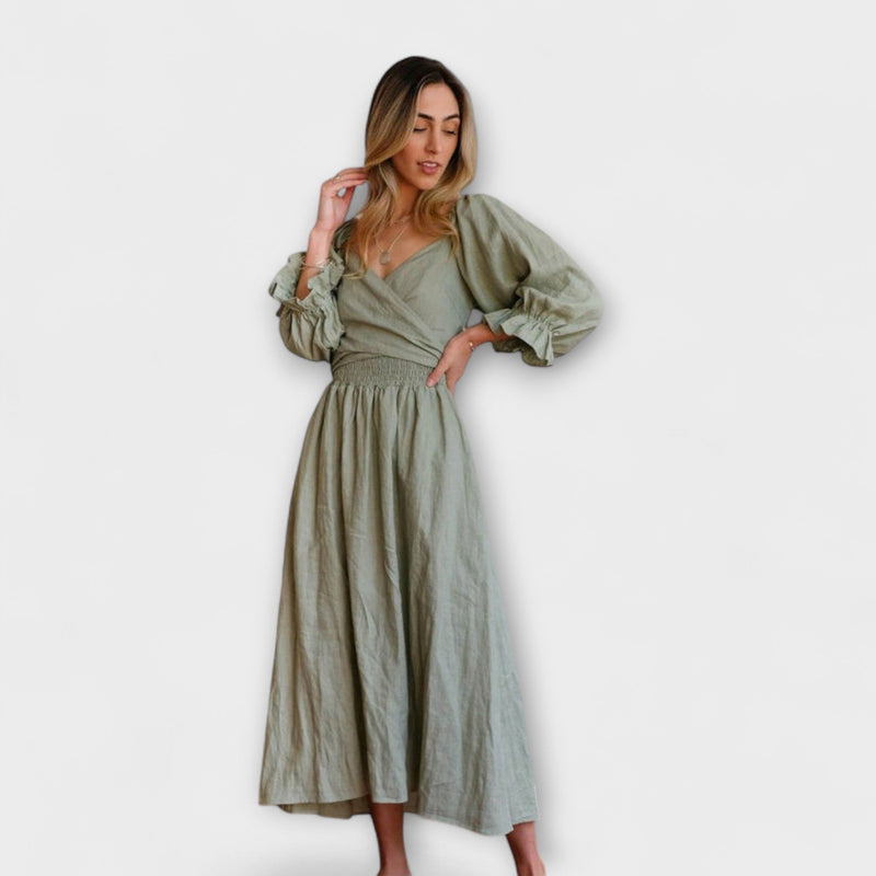 Aviana - Chic Omkeerbare Maxi Jurk met Puff Mouwen