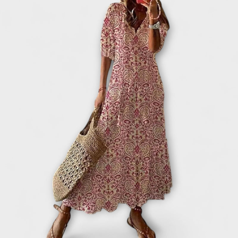 Andrea - Vintage Geïnspireerde Boho V-Hals Gedrukt Jurk